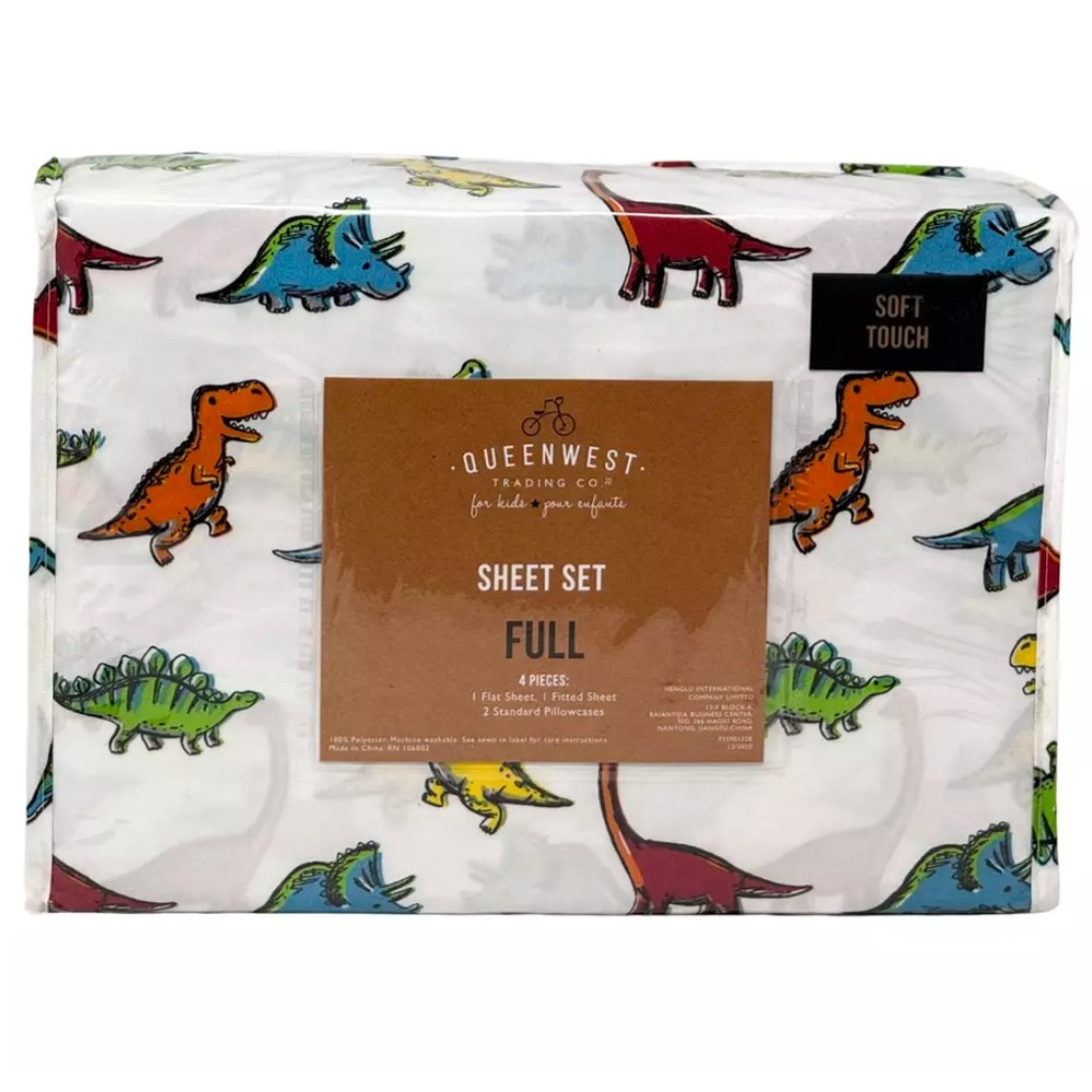 QUEENWEST FULL 4PC Bright Green Yellow French Blue Orange Dinosaur Sheet Set NEW